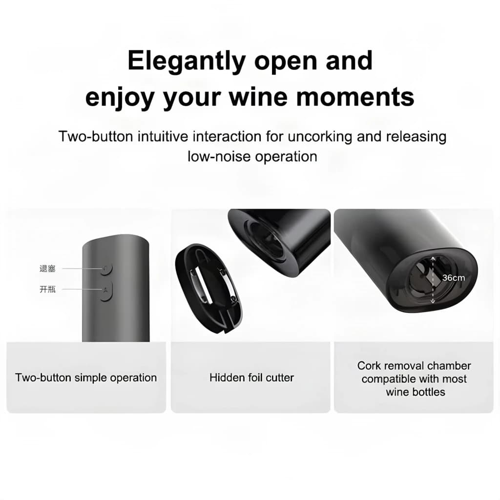 Tire-bouchon électrique Xiaomi Mijia Electric 170 Bouteilles, cylindre noir élégant, deux boutons intuitifs, coupe-capsule intégré, chambre d’extraction