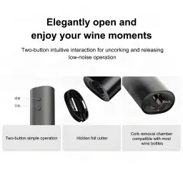 Tire-bouchon électrique Xiaomi Mijia Electric 170 Bouteilles, cylindre noir élégant, deux boutons intuitifs, coupe-capsule intégré, chambre d’extraction
