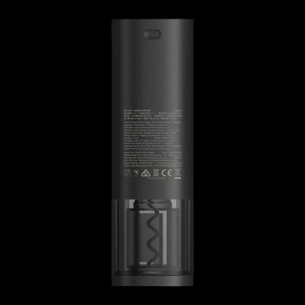 Tire-bouchon électrique Xiaomi Mijia 170 bouteilles, corps noir mat, fenêtre transparente montrant la mèche hélicoïdale, port de charge supérieur