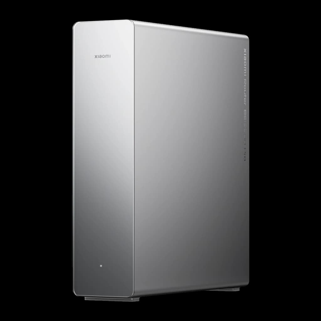 Router Xiaomi BE19000 Pro WiFi 7 Tripla Banda em cinza metálico, design vertical minimalista, bordas suaves, LED frontal discreto e acabamento premium.