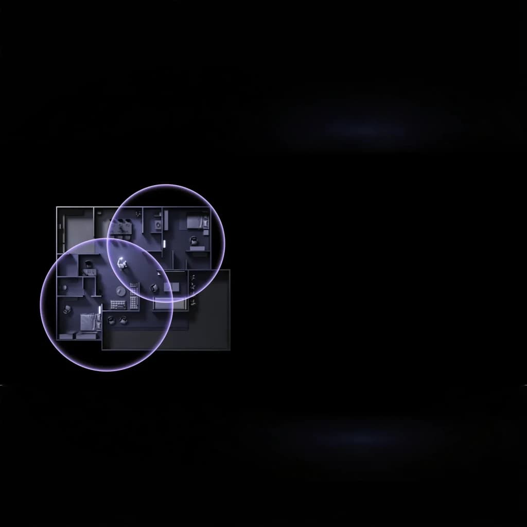 Planta de casa em 3D com dois halos roxos sobrepostos indicando cobertura de sinal Wi‑Fi ampla e estável do Router Xiaomi BE19000 Pro WiFi 7 Tripla Banda