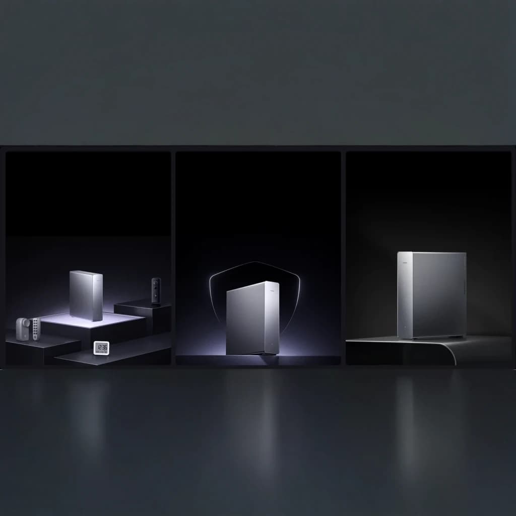 Router Xiaomi BE19000 Pro WiFi 7 tripla banda em cinza, design minimalista vertical, luz de status frontal, antenas internas e acabamento metálico elegante