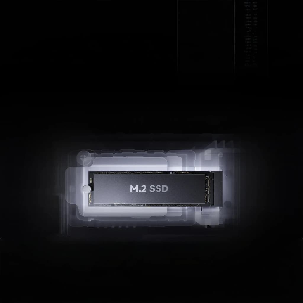 Módulo M.2 SSD preto em destaque, formato compacto tipo stick, encaixe NVMe visível e acabamento fosco minimalista, ideal para armazenamento de alto