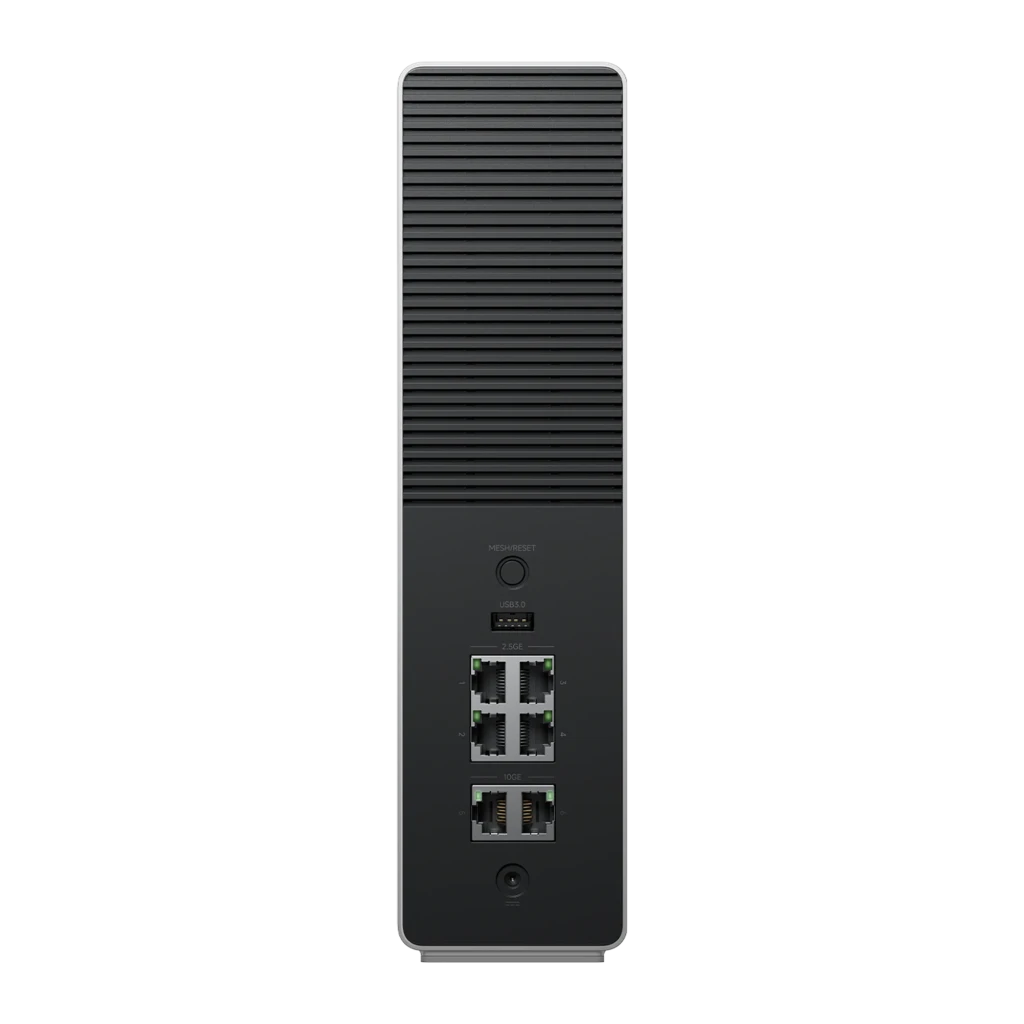 Router Xiaomi BE19000 Pro WiFi 7 Triple Banda en color gris, diseño vertical minimalista con cuerpo metálico liso y LED de estado frontal discreto - Ítem1