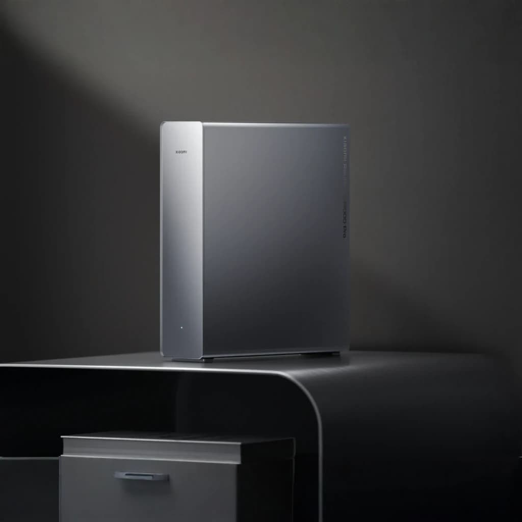 Router Xiaomi BE19000 Pro WiFi 7 Tripla Banda em tom cinza, design minimalista em torre com bordas retas, LED discreto frontal e acabamento metálico brilhante