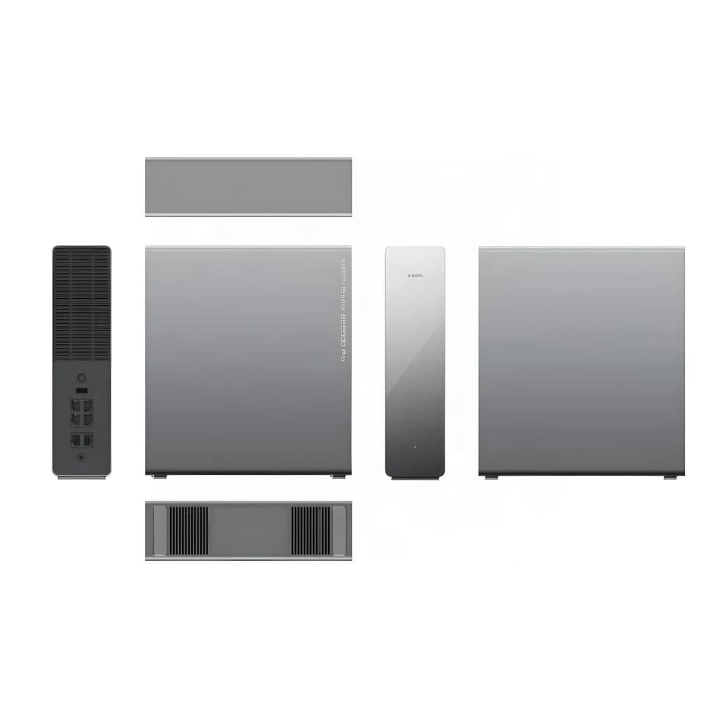 Router Xiaomi BE19000 Pro WiFi 7 Tripla Banda em cinza, design minimalista, corpo retangular, grelhas de ventilação amplas e painel frontal liso com LEDs