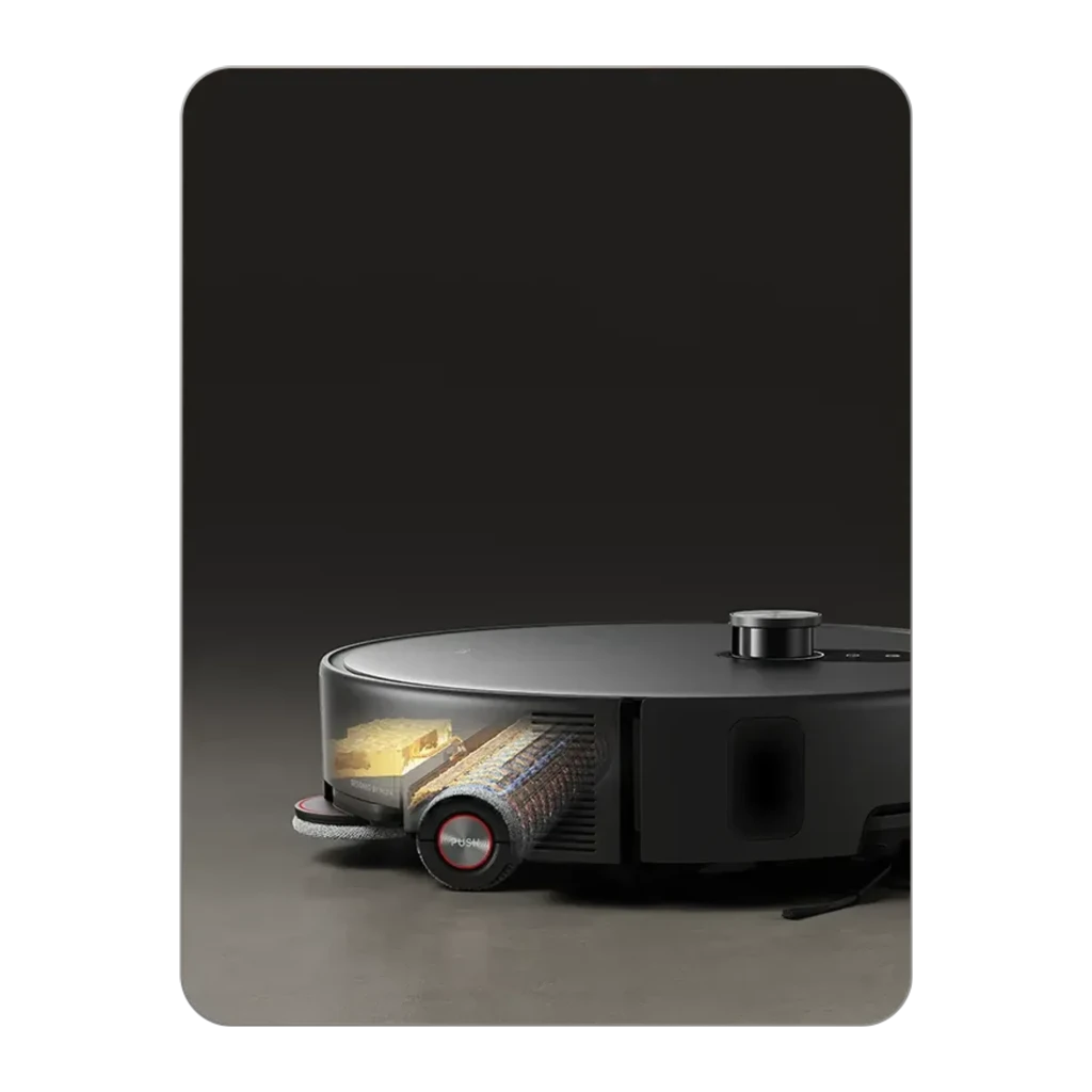 Estación base gris con robot aspirador Xiaomi Robot Vacuum 6 Max dToF + Triple Cámara AI; base alta y rectangular, robot circular con sensores frontales - Ítem9