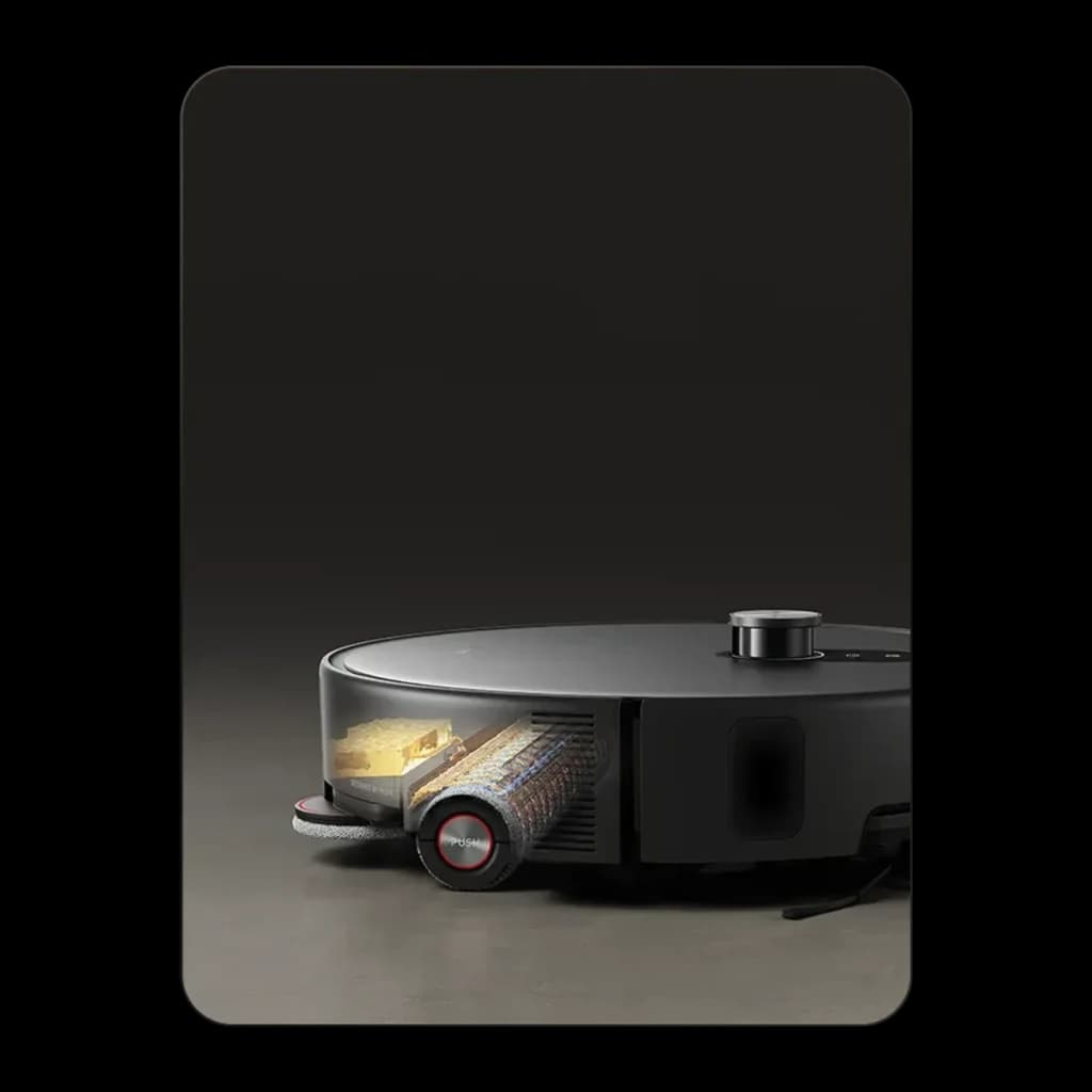 Robot Aspirador Xiaomi Robot Vacuum 6 Max dToF + Triple Cámara AI en negro, perfil bajo, módulo LiDAR superior, cepillo lateral, rodillo central y depósito