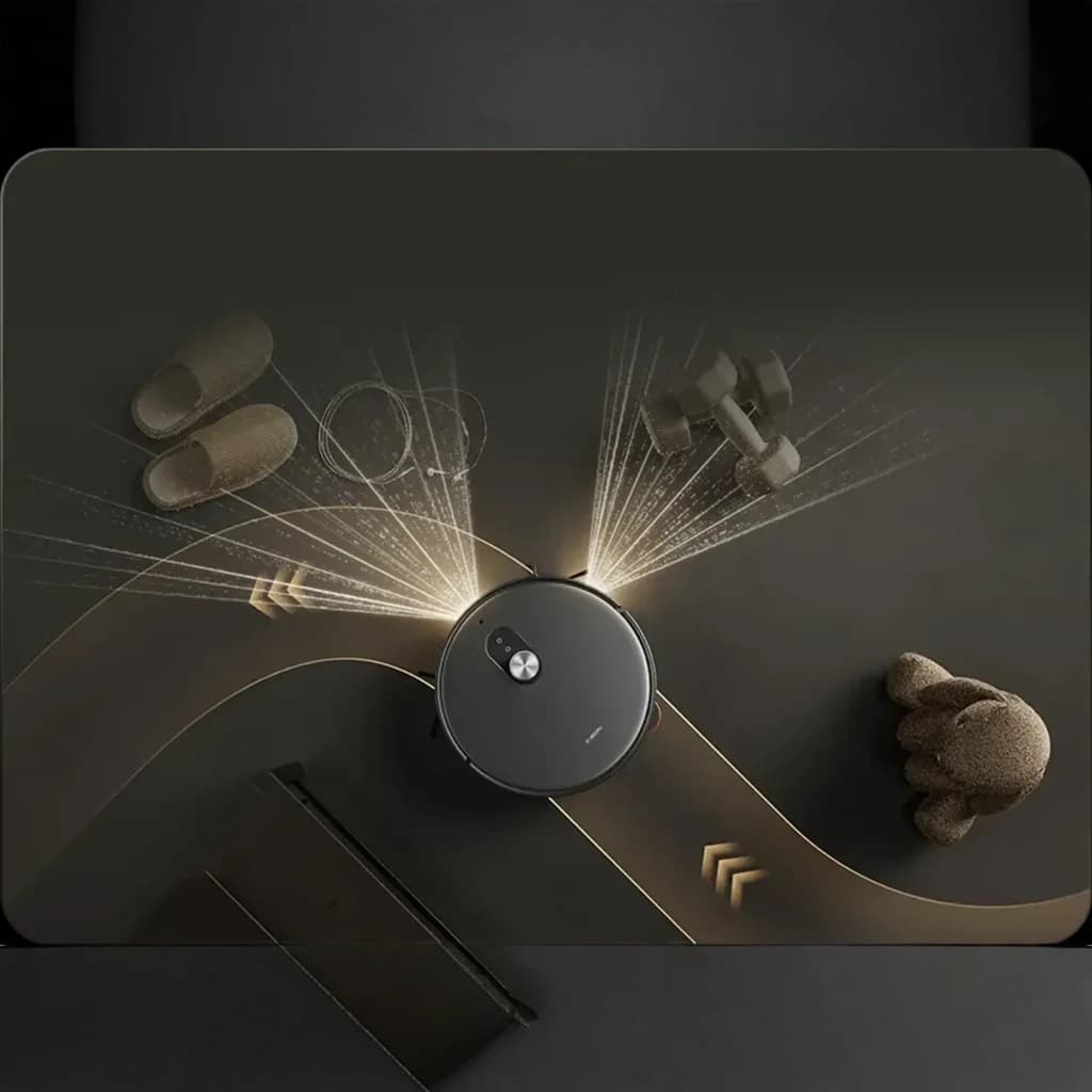 Robot Aspirador Xiaomi Robot Vacuum 6 Max dToF + Triple Cámara AI en color negro, diseño circular con sensores frontales evitando obstáculos en el suelo