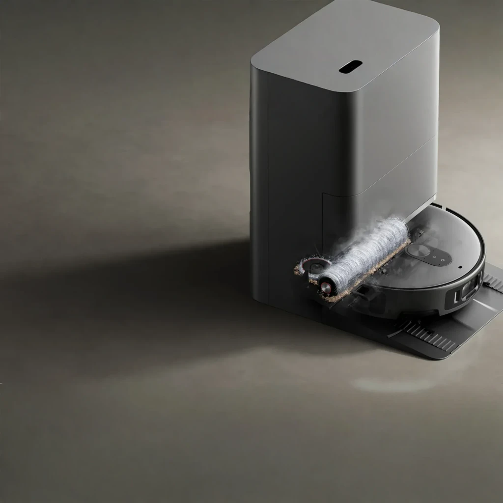 Estación base gris con robot aspirador Xiaomi Robot Vacuum 6 Max dToF + Triple Cámara AI; base alta y rectangular, robot circular con sensores frontales - Ítem11