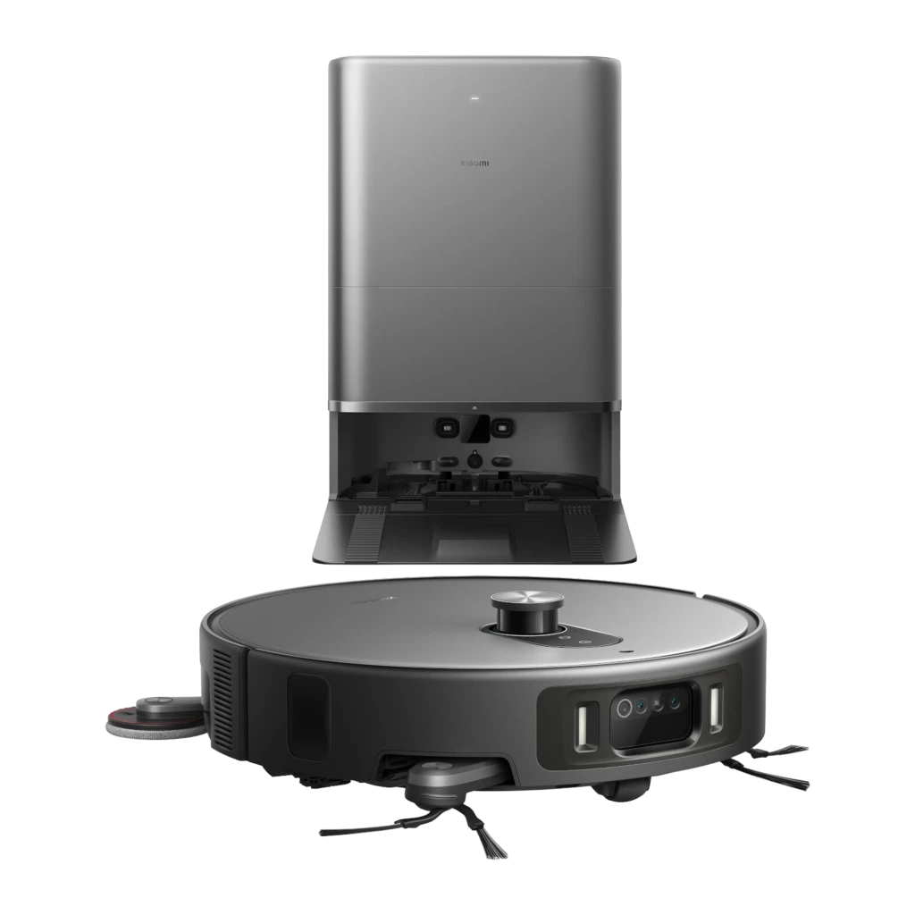 Estación base gris con robot aspirador Xiaomi Robot Vacuum 6 Max dToF + Triple Cámara AI; base alta y rectangular, robot circular con sensores frontales - Ítem1