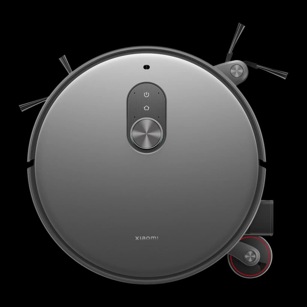Robot Aspirador Xiaomi Robot Vacuum 6 Max dToF + Triple Cámara AI en gris, diseño circular con botón central, cepillos laterales dobles y rueda lateral roja