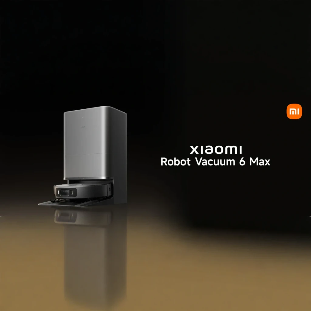 Estación base gris con robot aspirador Xiaomi Robot Vacuum 6 Max dToF + Triple Cámara AI; base alta y rectangular, robot circular con sensores frontales - Ítem12