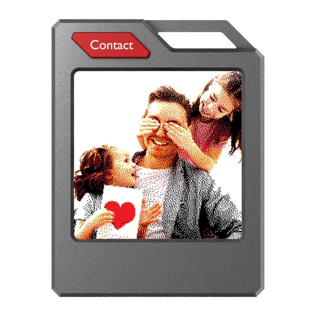 Localisateur Bluetooth PhotoTag Smart Tracker MS01, vue avant: design carte grise avec emplacement photo personnalisable