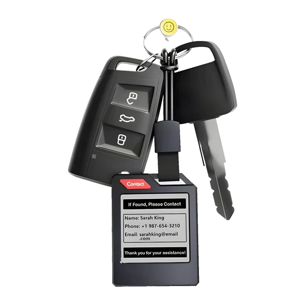 Localisateur Bluetooth PhotoTag Smart Tracker MS01 sur porte-clés: écran avec coordonnées affiché près d'une télécommande