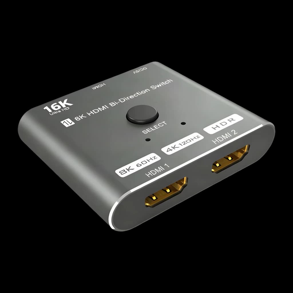 Switch HDMI Desconocida 2.1 Bidirectionnel 2 Ports Gris 48Gbps, vue avant en angle: 2 ports HDMI dorés, bouton SELECT