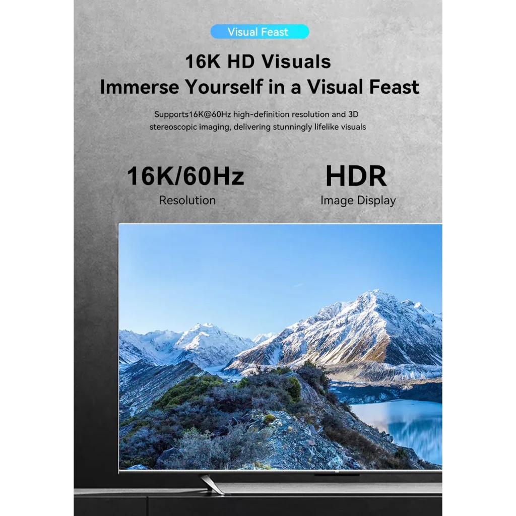 Switch HDMI Desconocida 2.1 Bidirectionnel 2 Ports Gris 48Gbps, infographie: TV avec paysage montagneux et texte 16K/60Hz
