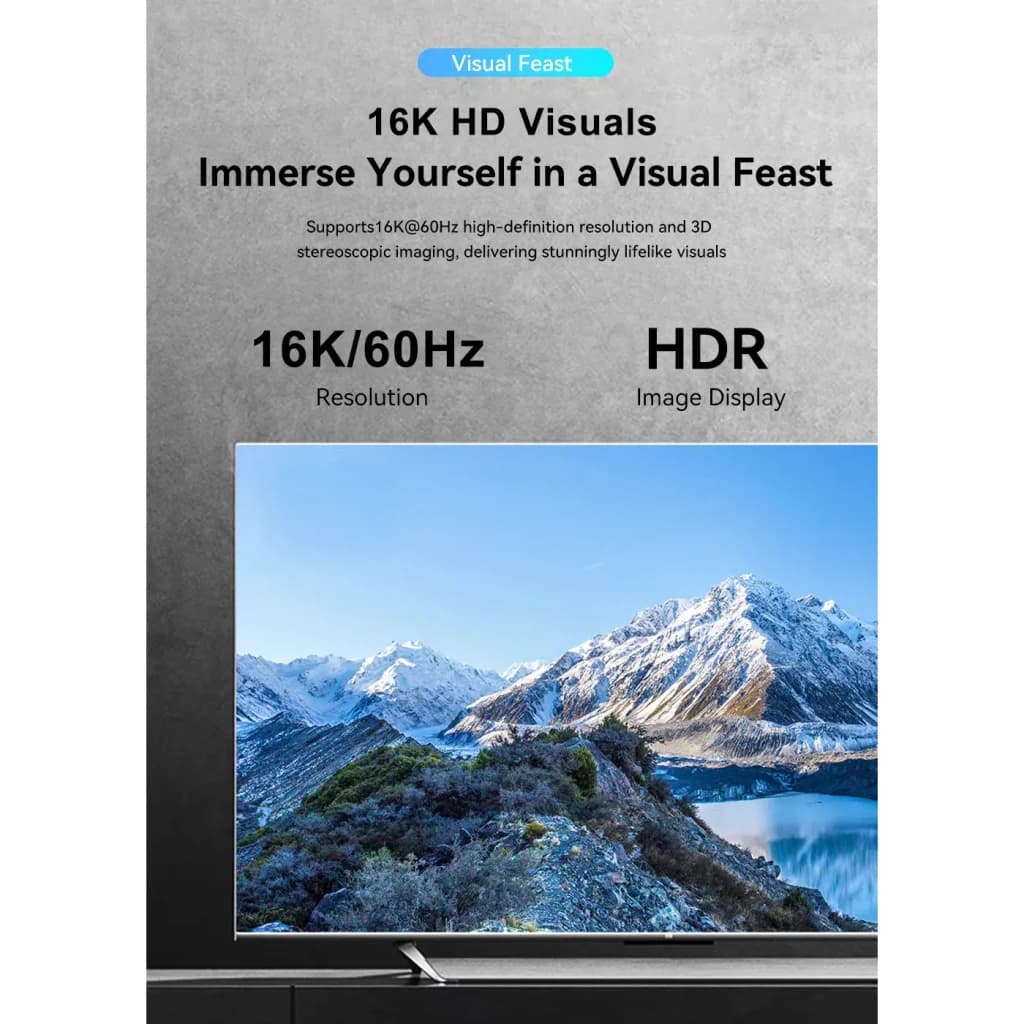 Switch HDMI Desconocida 2.1 Bidirectionnel 2 Ports Gris 48Gbps, infographie: TV avec paysage montagneux et texte 16K/60Hz