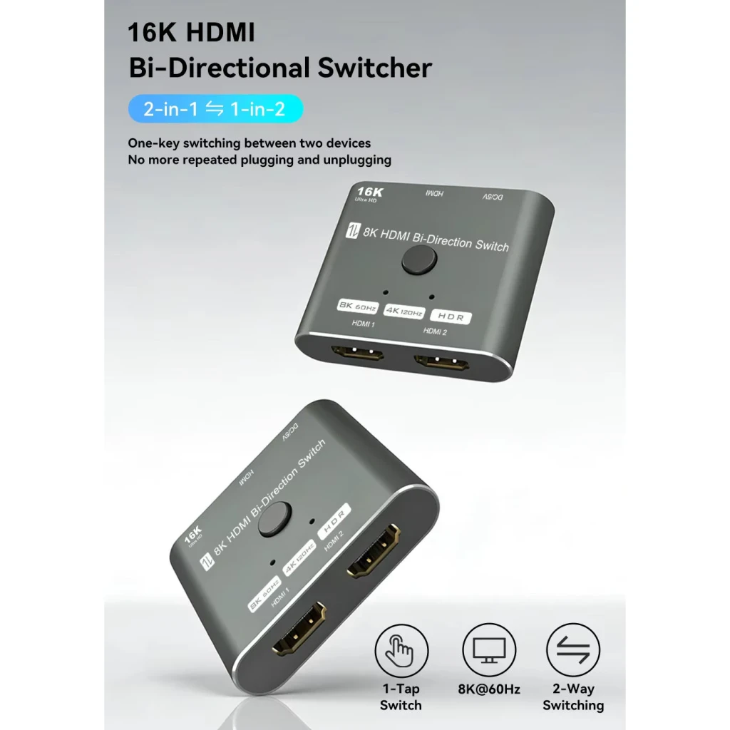Switch HDMI Desconocida 2.1 Bidirectionnel 2 Ports Gris 48Gbps, infographie: vues dessus et avant avec ports HDMI 1 et HDMI