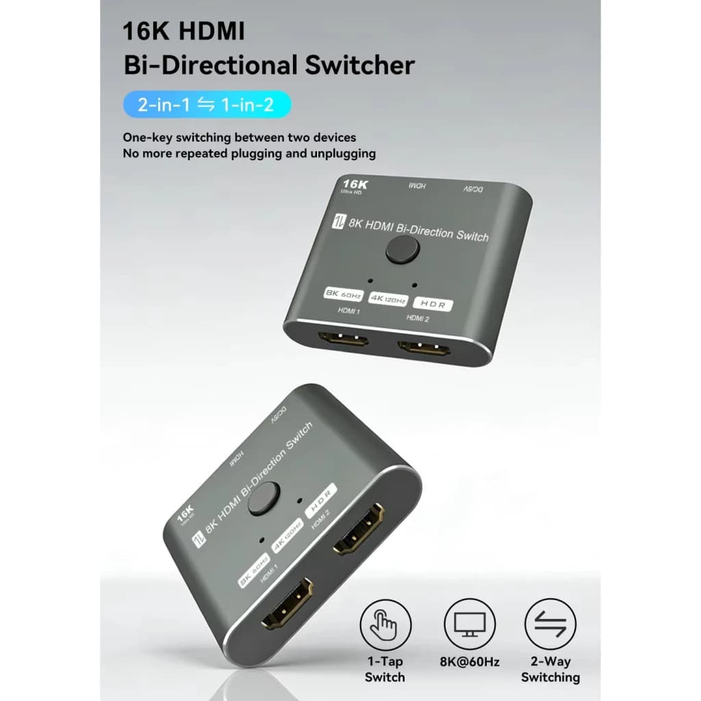 Switch HDMI Desconocida 2.1 Bidirectionnel 2 Ports Gris 48Gbps, infographie: vues dessus et avant avec ports HDMI 1 et HDMI