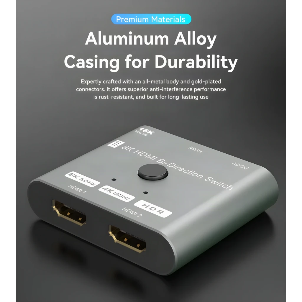 Switch HDMI Desconocida 2.1 Bidirectionnel 2 Ports Gris 48Gbps, vue avant: boîtier en alliage d'aluminium avec 2 ports HDMI