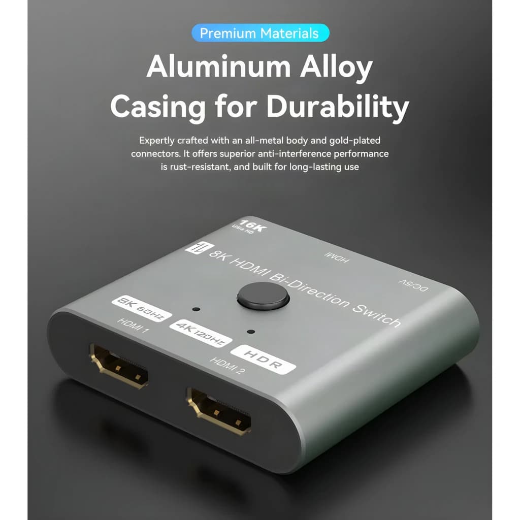 Switch HDMI Desconocida 2.1 Bidirectionnel 2 Ports Gris 48Gbps, vue avant: boîtier en alliage d'aluminium avec 2 ports HDMI