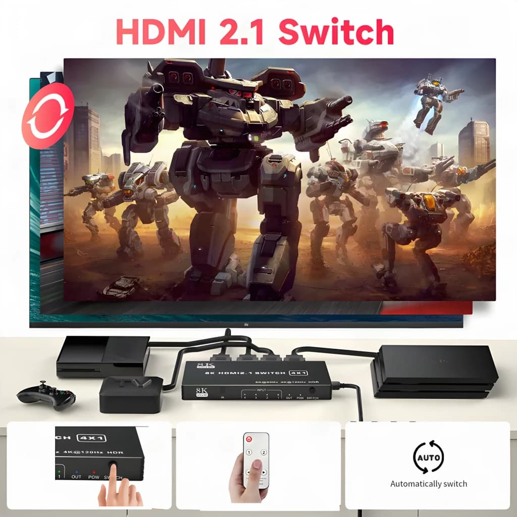 Commutateur NETCOM Switch HDMI 2.1 4 Ports 4x1 Noir, utilisation: relié à des consoles et moniteur scène gaming 8K