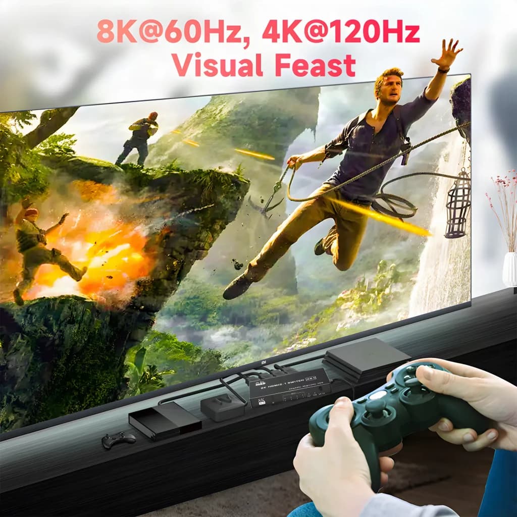 Commutateur NETCOM Switch HDMI 2.1 4 Ports 4x1 Noir, scène gaming: branché à TV affichant image 8K, manette de console