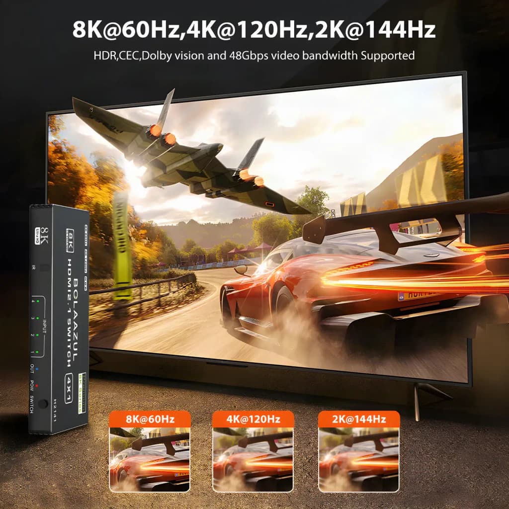 Commutateur NETCOM Switch HDMI 2.1 4 Ports 4x1 Noir, infographie: résolutions 8K 60Hz 4K 120Hz 2K 144Hz avec grand écran TV