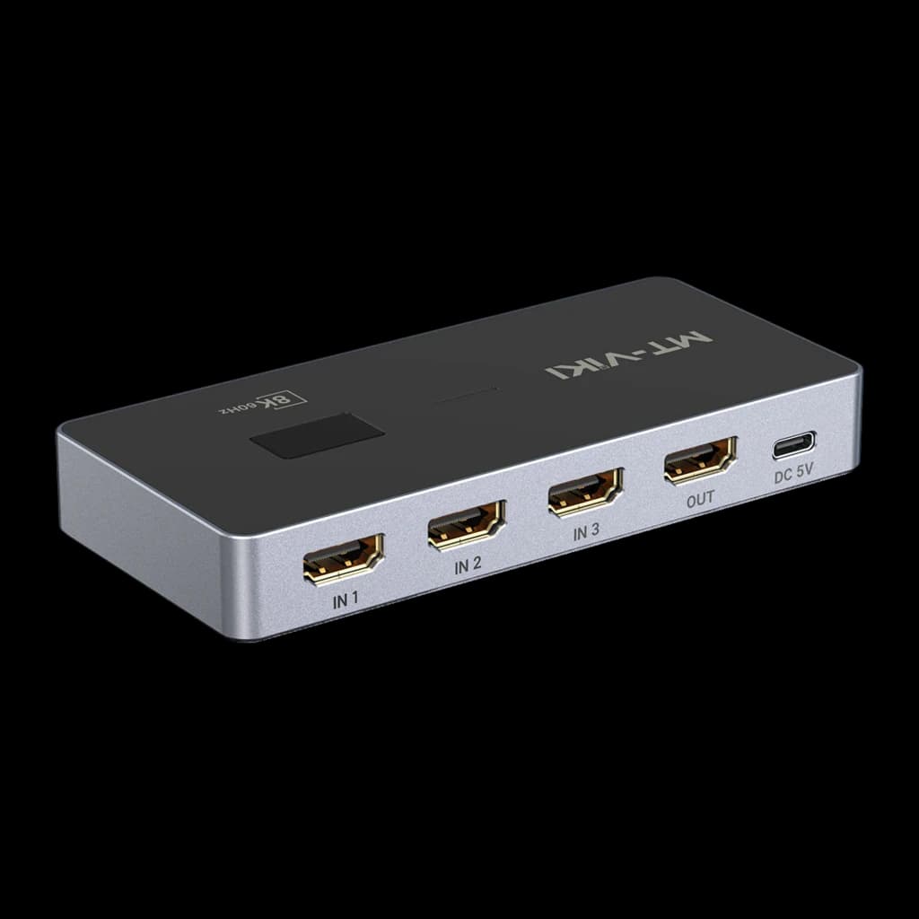 Switch HDMI MT-VIKI MT-HD031H V1.0 con 3 entradas y 1 salida, carcasa metálica gris, puertos HDMI dorados etiquetados IN1 IN2 IN3 OUT y puerto USB-C DC 5V