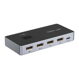 Switch HDMI MT-VIKI MT-HD031H V1.0 con 3 entradas y 1 salida, carcasa metálica gris, puertos HDMI dorados etiquetados IN1 IN2 IN3 OUT y puerto USB-C DC 5V