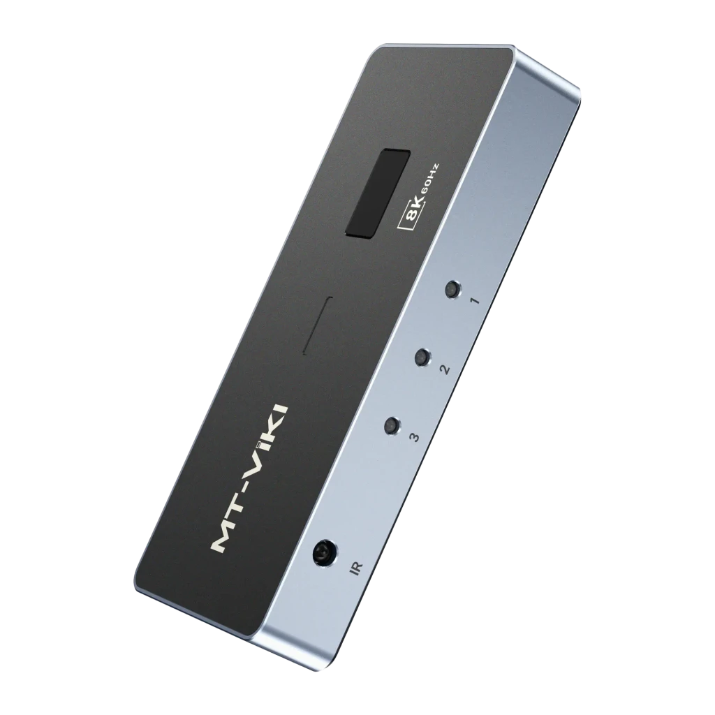 Switch HDMI MT-VIKI MT-HD031H V1.0 con 3 entradas y 1 salida, carcasa metálica gris, puertos HDMI dorados etiquetados IN1 IN2 IN3 OUT y puerto USB-C DC 5V - Ítem4