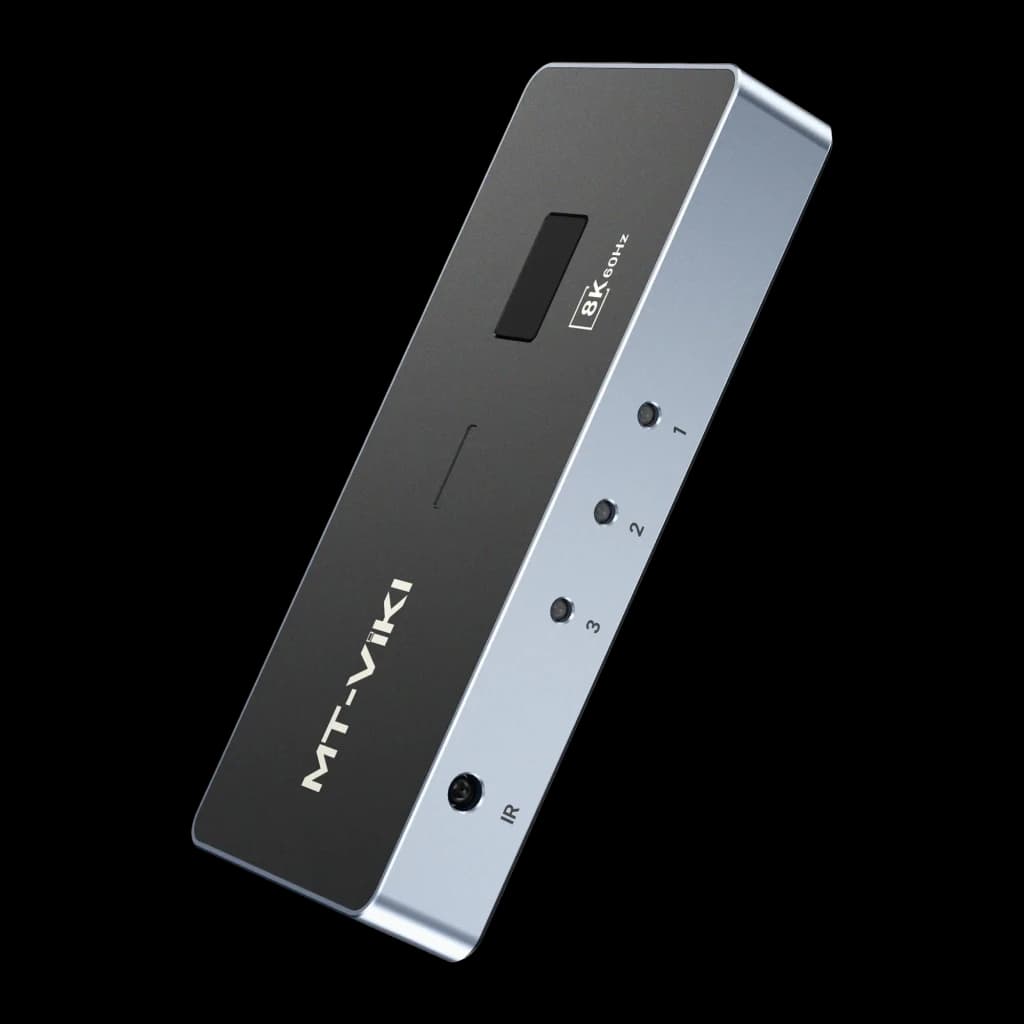 Switch HDMI MT-VIKI MT-HD031H V1.0 negro y plateado con 3 entradas y 1 salida, botones numerados, indicador LED y soporte 4K UHD en carcasa compacta
