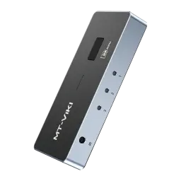 Switch HDMI MT-VIKI MT-HD031H V1.0 negro y plateado con 3 entradas y 1 salida, botones numerados, indicador LED y soporte 4K UHD en carcasa compacta