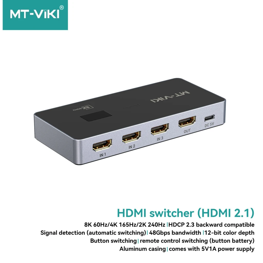 Switch HDMI MT-VIKI MT-HD031H V1.0 con 3 entradas y 1 salida, carcasa metálica gris, puertos HDMI dorados etiquetados IN1 IN2 IN3 OUT y puerto USB-C DC 5V - Ítem2