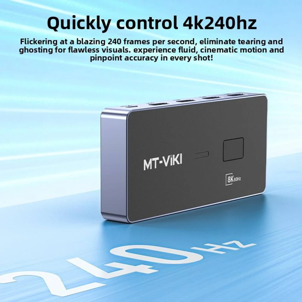 Switch HDMI MT-VIKI MT-HD031H V1.0 con 3 entradas y 1 salida, carcasa metálica gris, puertos HDMI dorados etiquetados IN1 IN2 IN3 OUT y puerto USB-C DC 5V - Ítem3