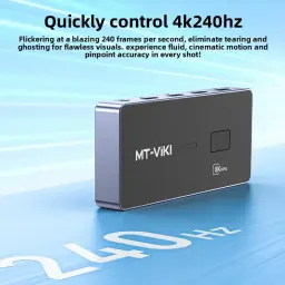 Switch HDMI MT-VIKI MT-HD031H V1.0 con 3 entradas y 1 salida, carcasa compacta gris, puertos superiores, logotipo MT-ViKI frontal, soporte 8K y 4K240Hz