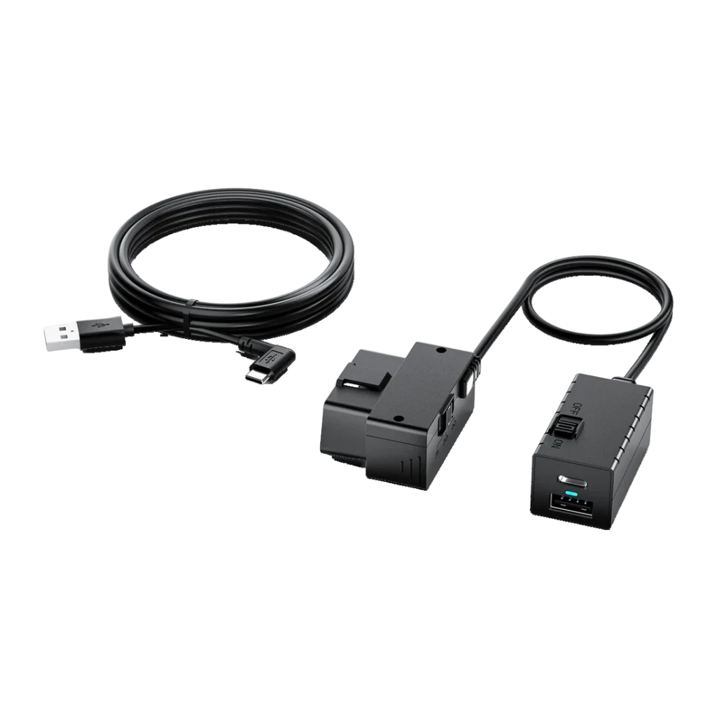 VIOFO OP100 Cable OBD-II negro, vista general: conector OBD, módulo USB con LED azul y cable USB-A a USB-C enrollado