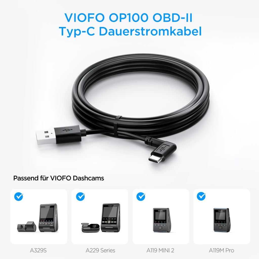 VIOFO OP100 Cable OBD-II negro, vista general: cable enrollado con conector USB-A y USB-C acodado, compatible con dashcams