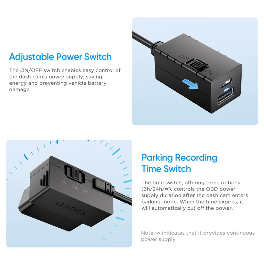 VIOFO OP100 Cable OBD-II Negro, detalle: interruptor ON/OFF y selector de tiempo 3h/24h/∞ para vigilancia aparcamiento