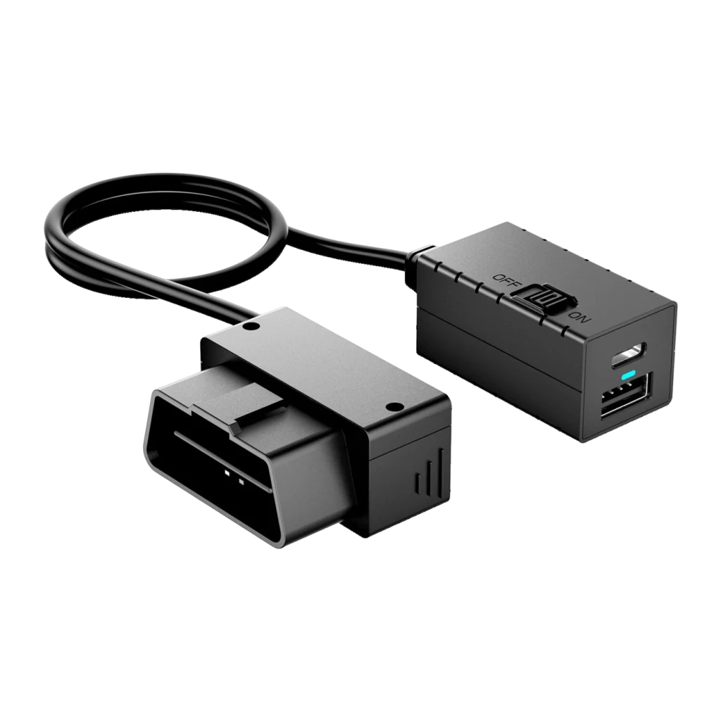 VIOFO OP100 Cable OBD-II Dashcam, vista en perspectiva: conector OBD-II, caja de control con interruptor OFF/ON y puertos
