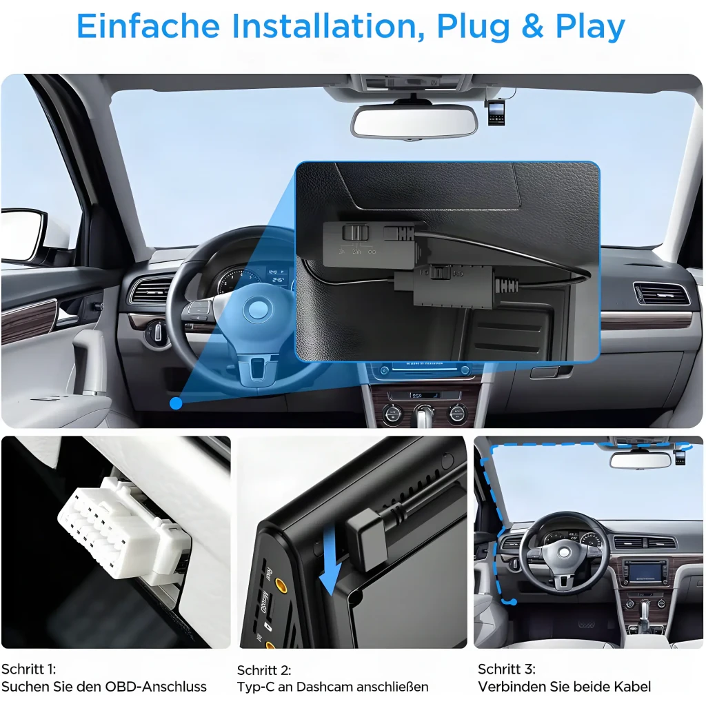 VIOFO OP100 Cable OBD-II Dashcam, guía instalación: conector OBD bajo salpicadero, puerto USB-C y cableado en habitáculo