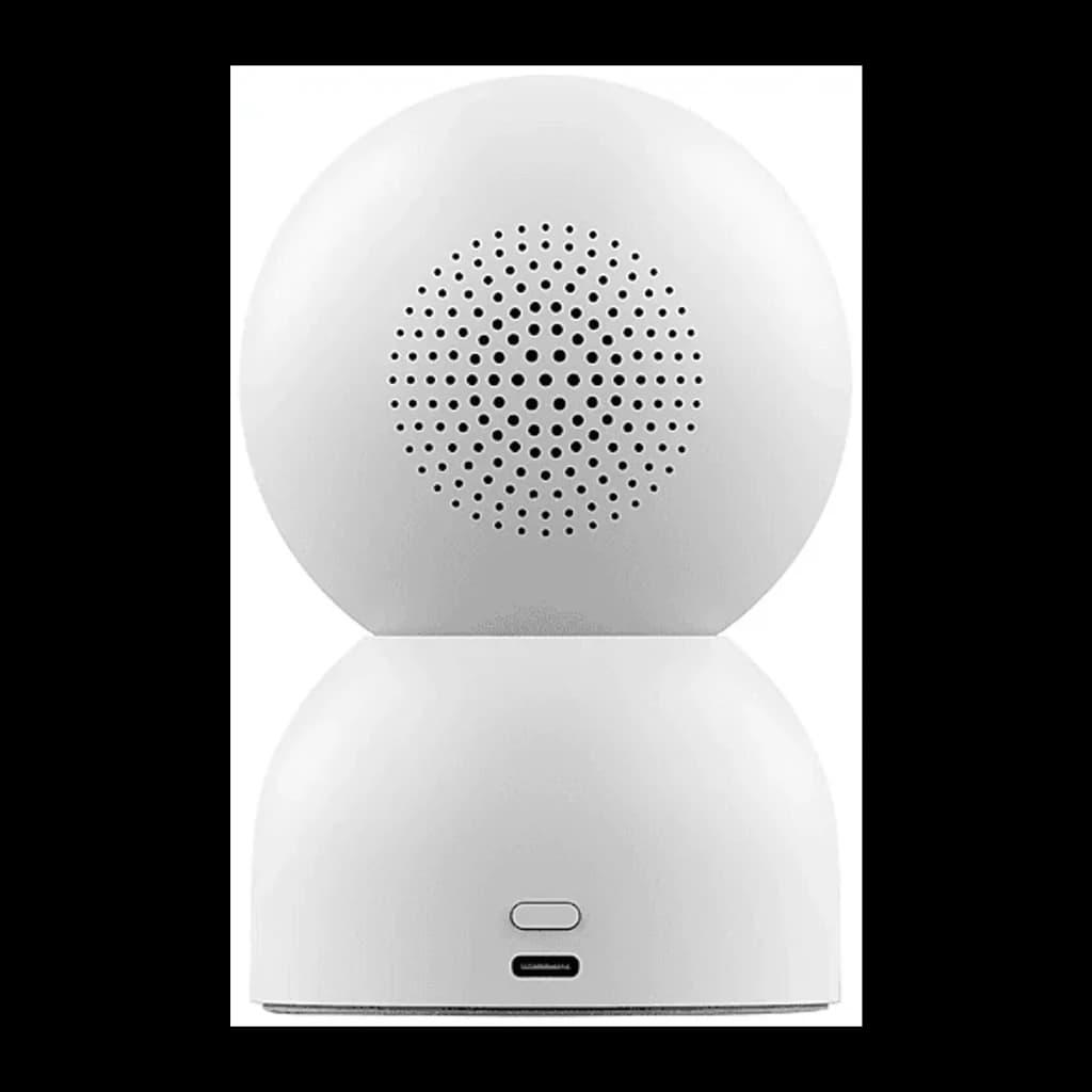 Câmara de vigilância branca com corpo esférico, grelha de alto-falante traseira e porta USB-C inferior; design compacto para interior com base estável