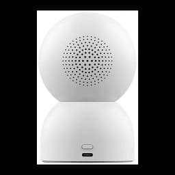 Câmara de vigilância branca com corpo esférico, grelha de alto-falante traseira e porta USB-C inferior; design compacto para interior com base estável