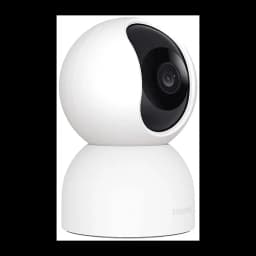 Câmara de vigilância branca com design esférico, lente preta frontal, base giratória. Indicada para interior, visão noturna, resolução 2K e WiFi 6.