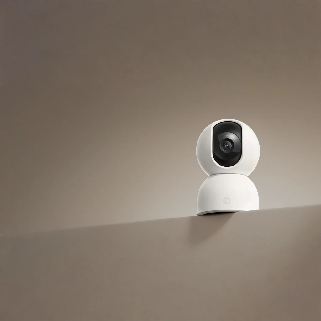 Caméra intérieure Xiaomi blanche au design sphérique, objectif central noir, tête orientable, lentille grand angle, voyant discret, logo xiaomi en bas - Ítem1