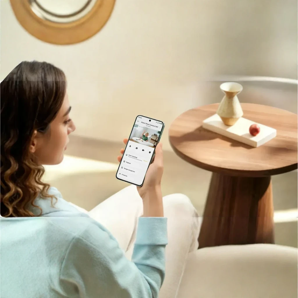 Caméra intérieure Xiaomi blanche au design sphérique, objectif central noir, tête orientable, lentille grand angle, voyant discret, logo xiaomi en bas - Ítem2