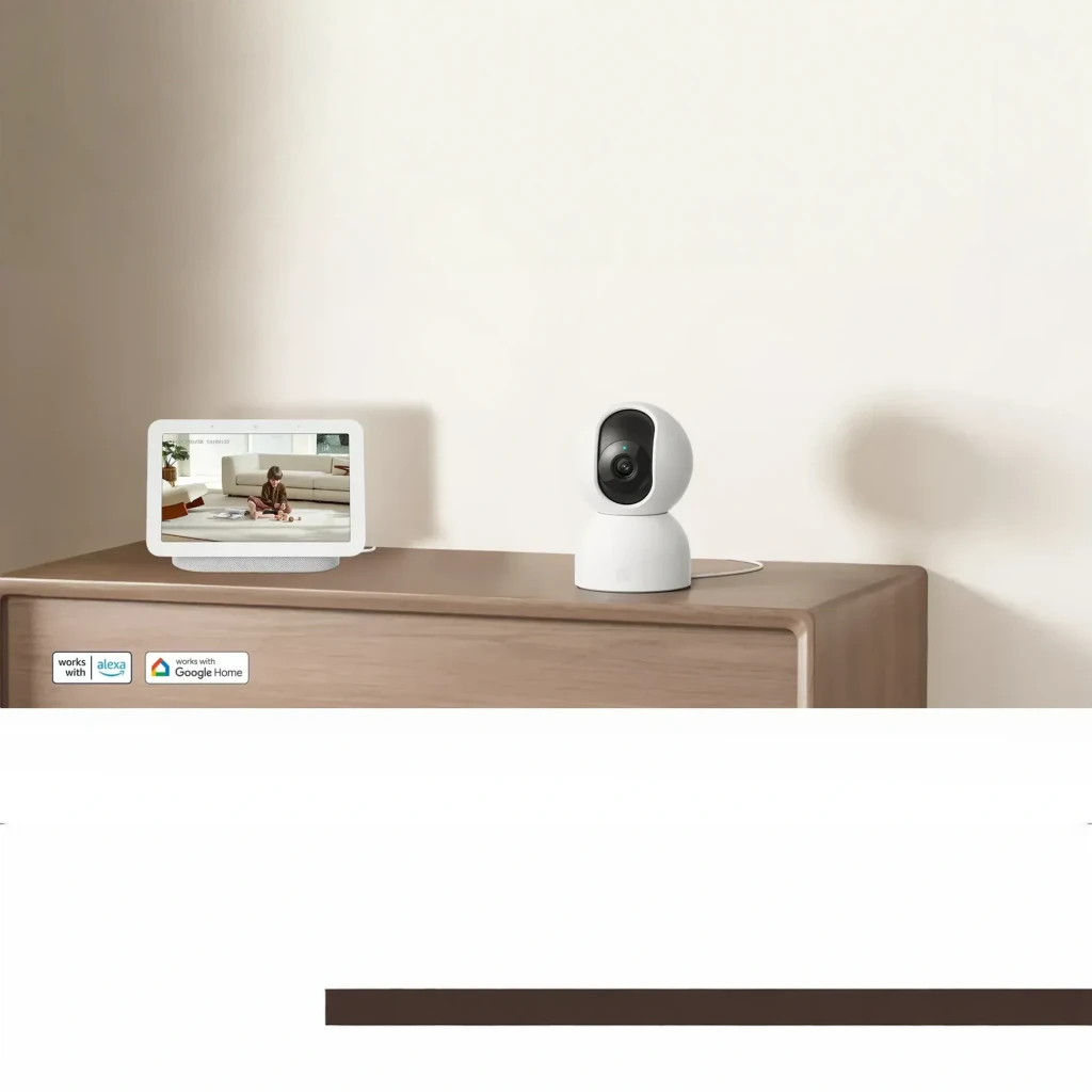 Caméra intérieure Xiaomi blanche au design sphérique, objectif central noir, tête orientable, lentille grand angle, voyant discret, logo xiaomi en bas - Ítem3