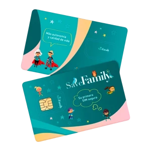 Tarjeta SIM SaveFamily 4G LTE Nano SIM para smartwatch; tarjetas verde y turquesa con ilustraciones infantiles, chip visible y mensajes de seguridad y