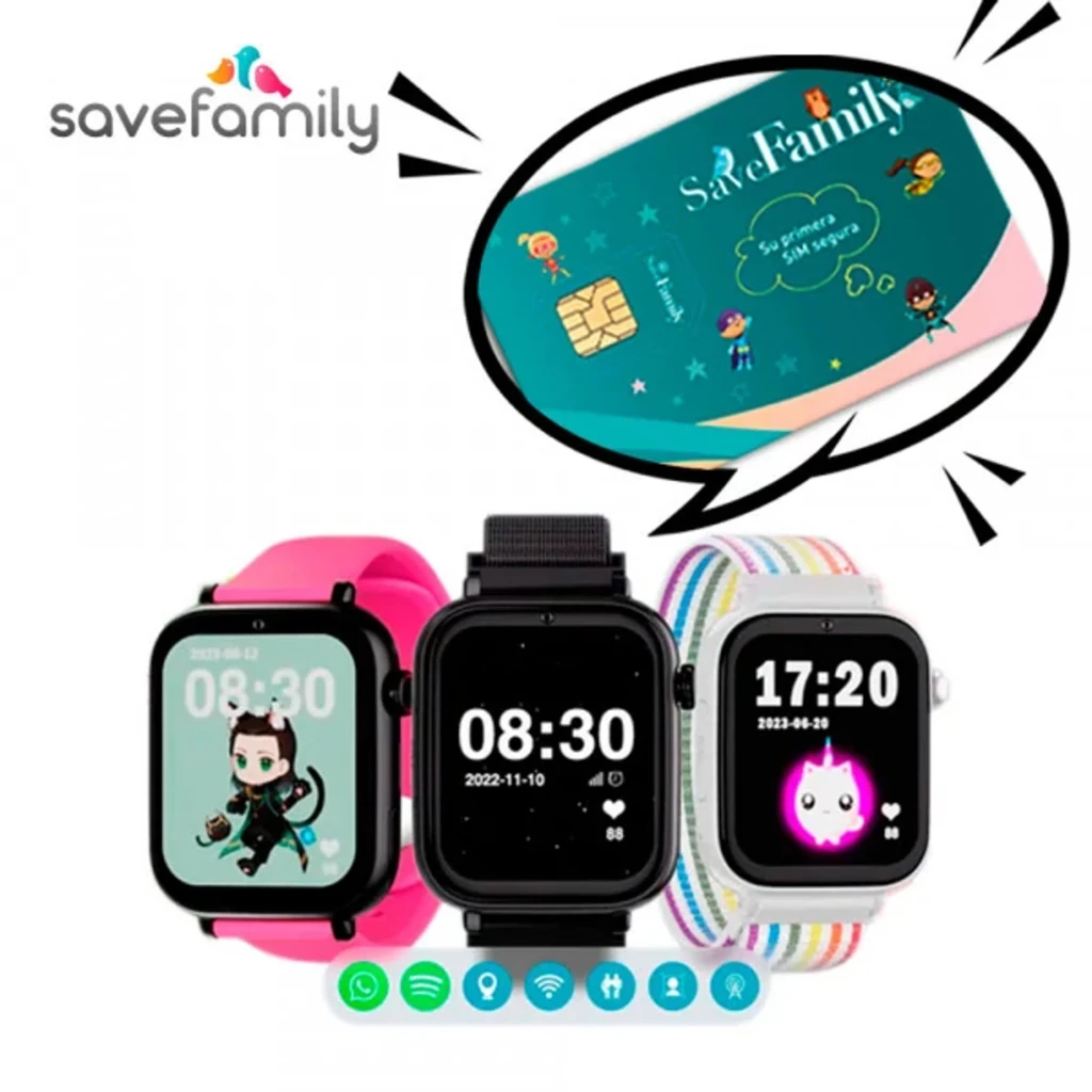 Tarjeta SIM SaveFamily 4G LTE Nano SIM para smartwatch; tarjetas verde y turquesa con ilustraciones infantiles, chip visible y mensajes de seguridad y - Ítem3